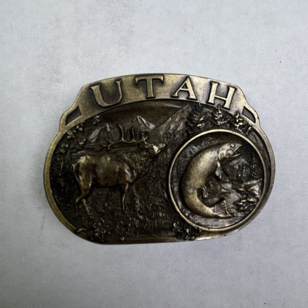 Vintage 80's 1985‎ UTAH Deer Elk Trout C+J Oval Belt Buckle Pewter Made in USA